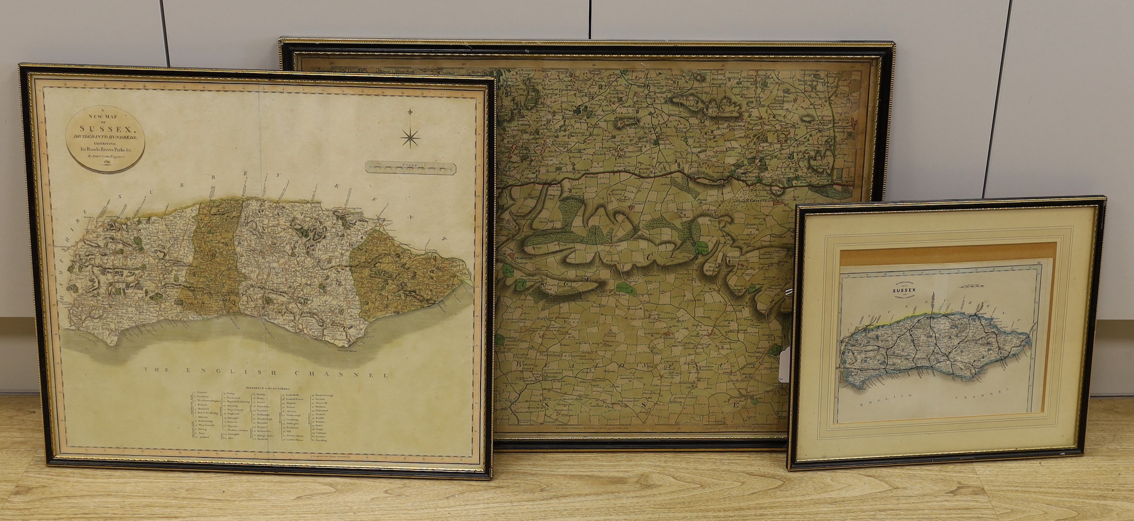 John Stoke, coloured engraving, 'The Range of Clay Hills'; map of the area around Horsham across to East Grinstead, 1777, 50 x 69cm, a Cary Map of Sussex 1811, 48 x 53cm and a later railway map of Sussex